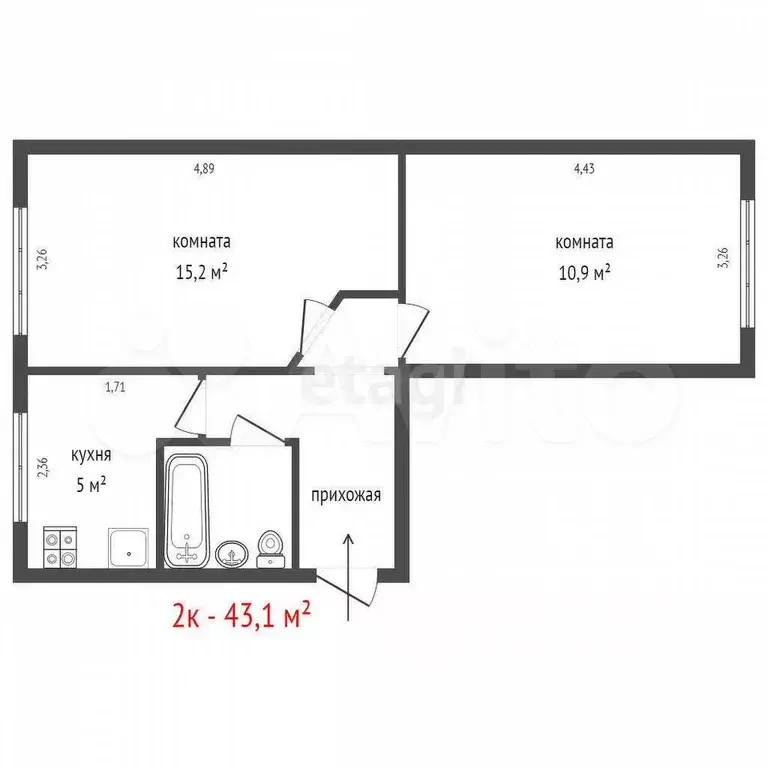 2-к. квартира, 43,1 м, 3/5 эт. - Фото 1