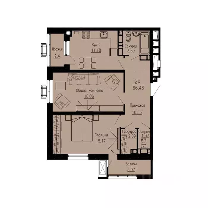 2-к кв. Ставропольский край, Пятигорск Скачки мкр,  (66.46 м) - Фото 1