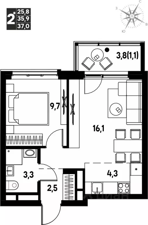 Студия Пермский край, д. Кондратово просп. Дягилева, 2 (37.0 м) - Фото 1