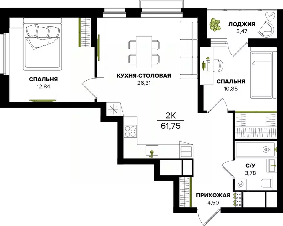 2-к кв. Тульская область, Тула  (61.75 м) - Фото 1