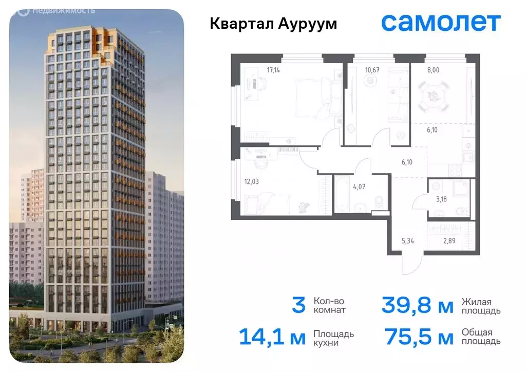 3-комнатная квартира: Екатеринбург, ЖК Квартал Ауруум, к1 (75.52 м) - Фото 0