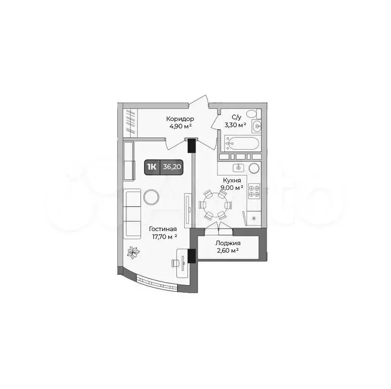 1-к. квартира, 36,2 м, 9/9 эт. - Фото 1