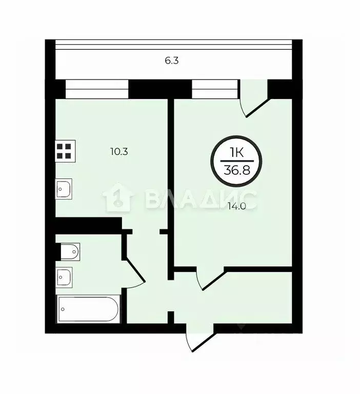 1-к кв. Владимирская область, Владимир ул. Нижняя Дуброва, 9 (36.8 м) - Фото 2