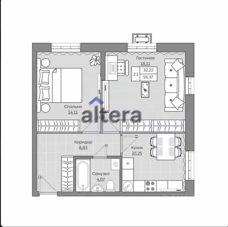 2-к кв. Татарстан, Казань ул. Братьев Батталовых, 20к6 (55.37 м) - Фото 2
