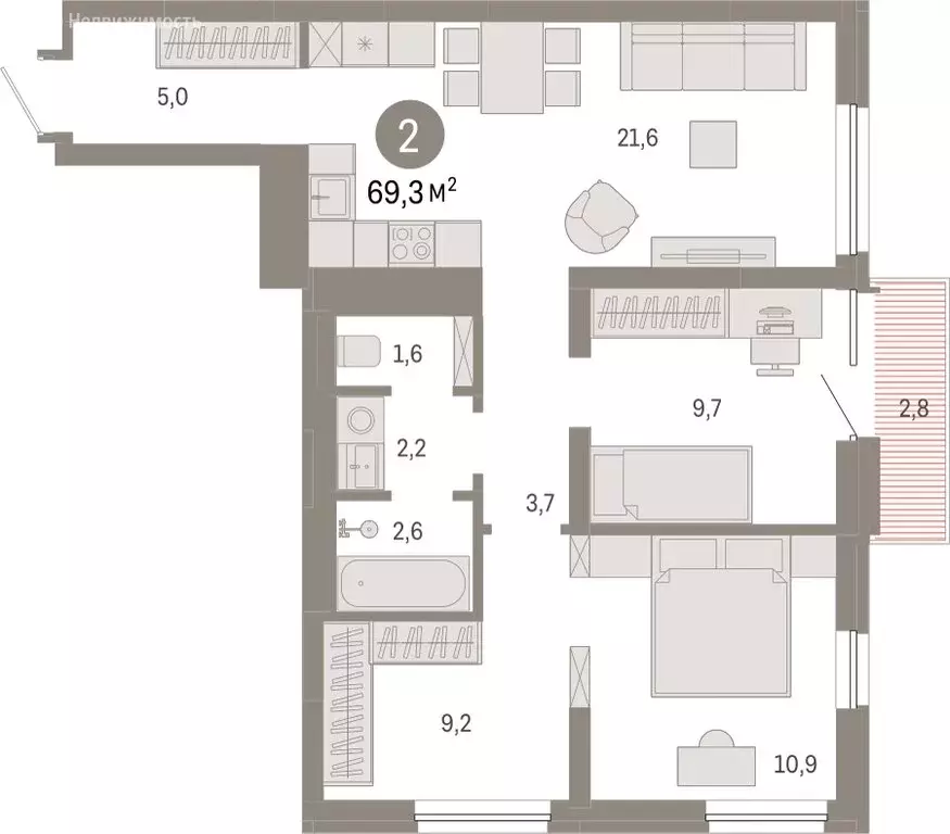 2-комнатная квартира: Екатеринбург, улица Войкова, 15 (69.27 м) - Фото 0