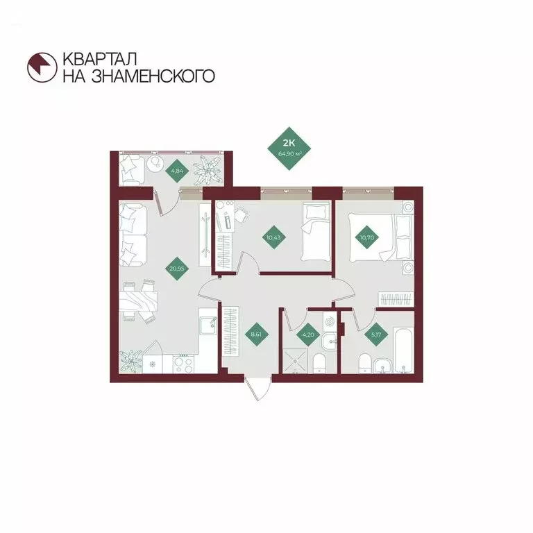 2-комнатная квартира: Тобольск, микрорайон 3Б, 6Бк2 (64.9 м) - Фото 1