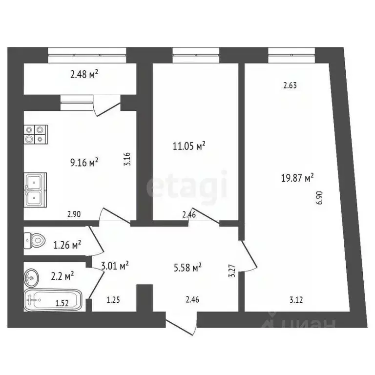 2-к кв. Самарская область, Самара Московское шоссе, 18-й км, 7А (57.1 ... - Фото 1