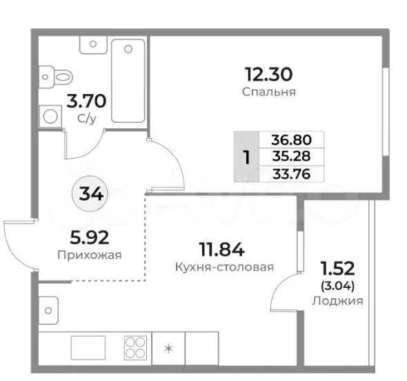 1-к. квартира, 35,3 м, 9/10 эт. - Фото 1