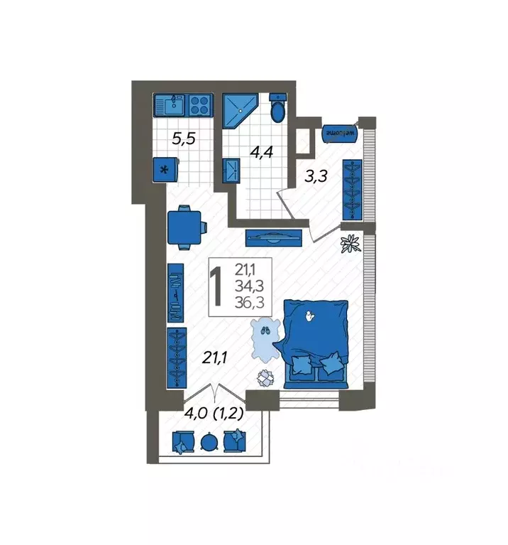 Студия Краснодарский край, Сочи ул. Искры, 88к6 (37.56 м) - Фото 1