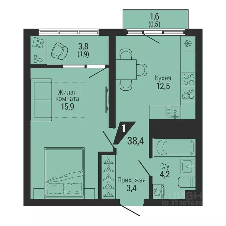 1-к кв. Свердловская область, Екатеринбург Вторчермет жилрайон,  (38.4 ... - Фото 2