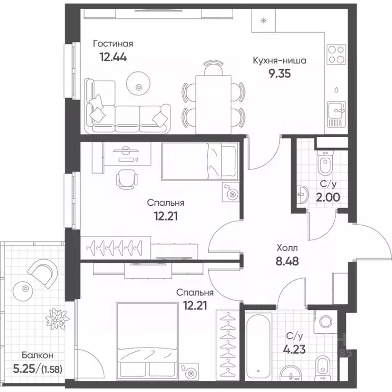 3-к кв. Татарстан, Казань Квартал Сюита жилой комплекс (62.5 м) - Фото 1