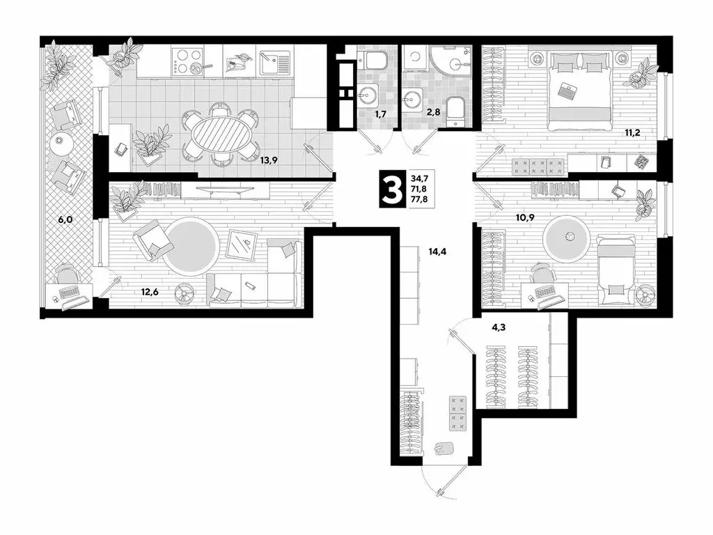 3-комнатная квартира: Краснодар, улица Константина Гондаря, 105 (77.6 ... - Фото 1