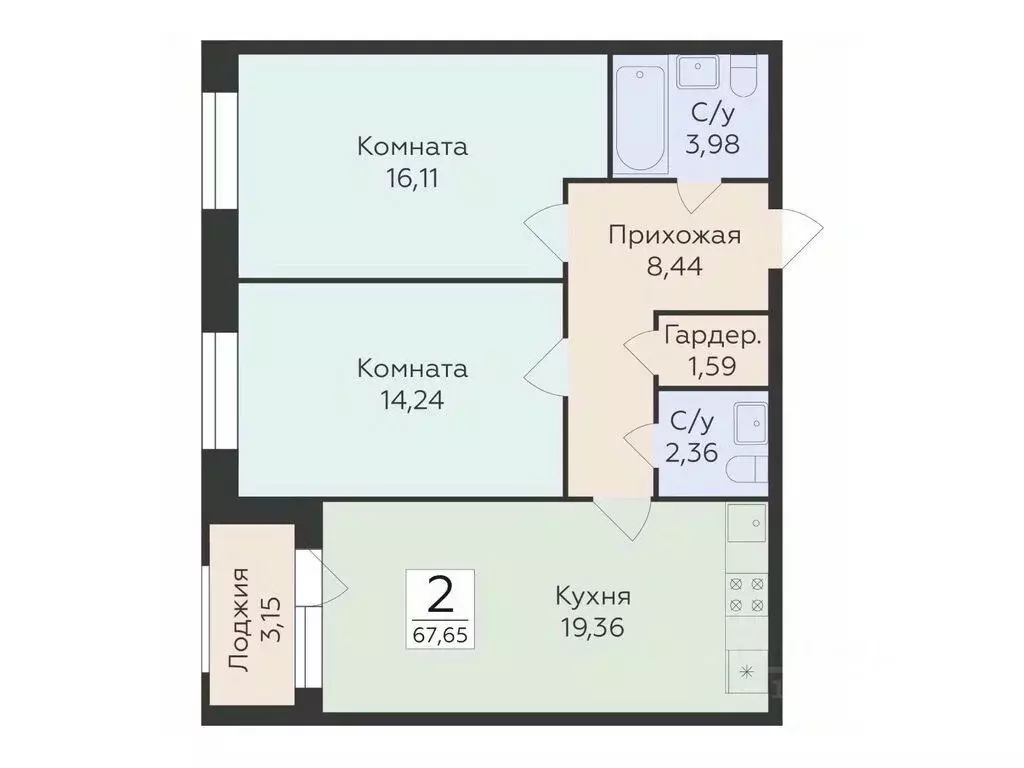 2-к кв. Воронежская область, Воронеж ул. Матросова, 60 (67.65 м) - Фото 0