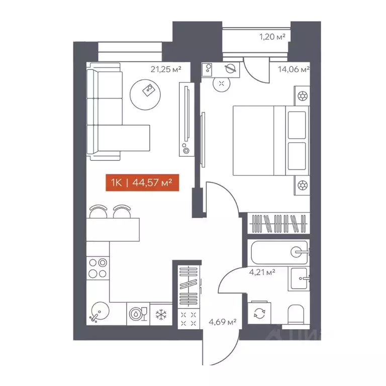 1-к кв. Томская область, Томск Красноармейская ул., 144 (44.57 м) - Фото 1