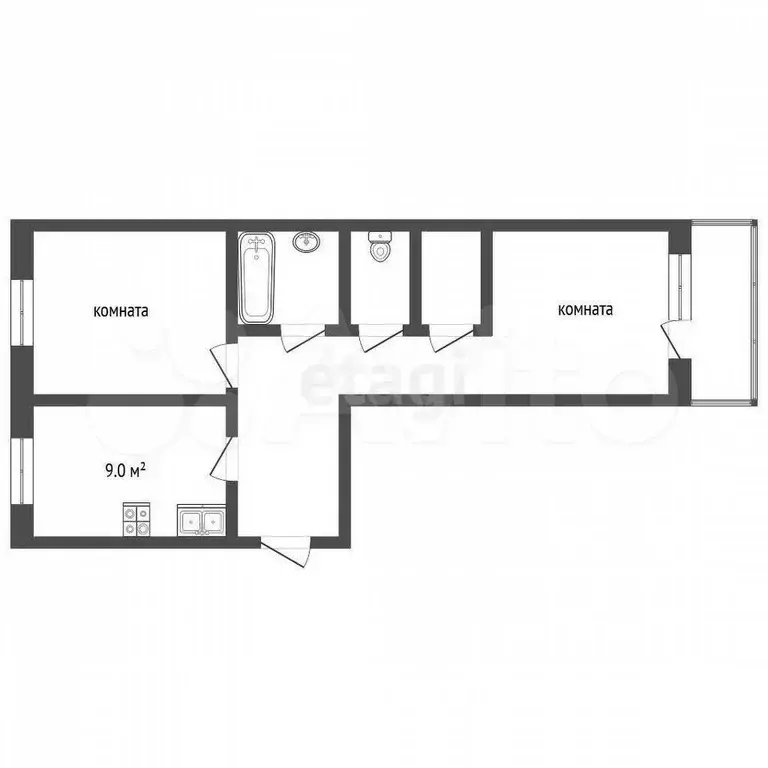 2-к. квартира, 46 м, 3/3 эт. - Фото 0