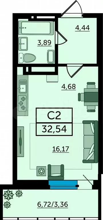 Квартира-студия, 33,7 м, 12/24 эт. - Фото 1