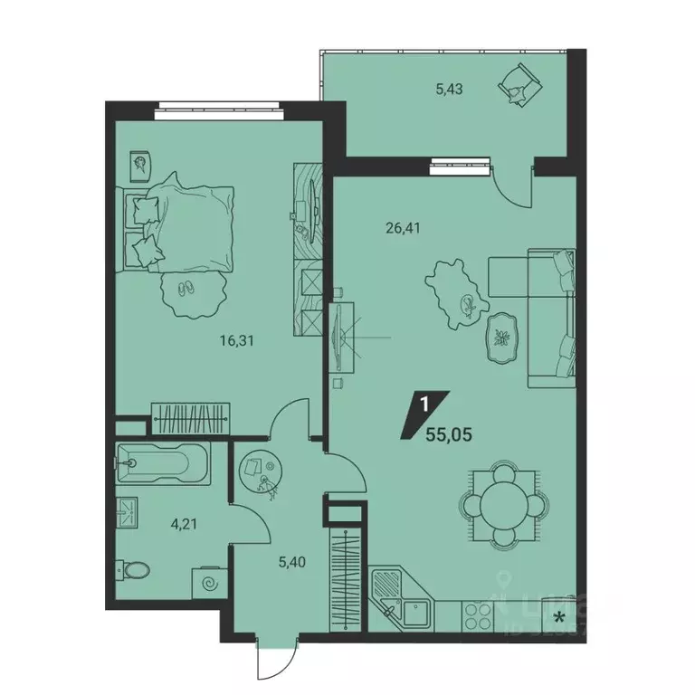 2-к кв. Свердловская область, Екатеринбург ул. Громова, 26/3 (54.9 м) - Фото 2