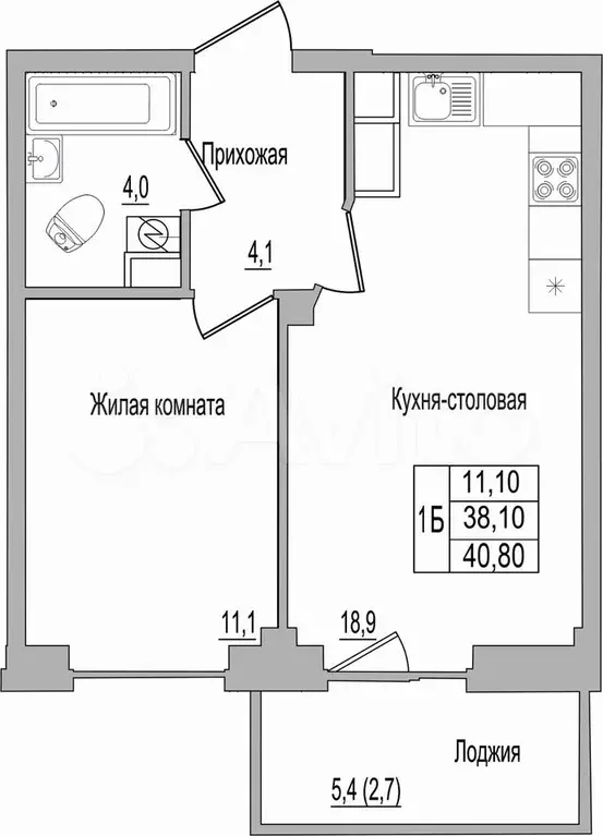 1-к. квартира, 40,8 м, 8/9 эт. - Фото 0