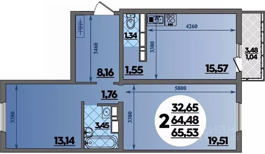 2-к кв. Адыгея, Майкоп  (65.53 м) - Фото 1