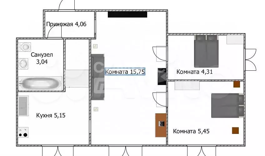 3-к. квартира, 38,9 м, 1/2 эт. - Фото 1