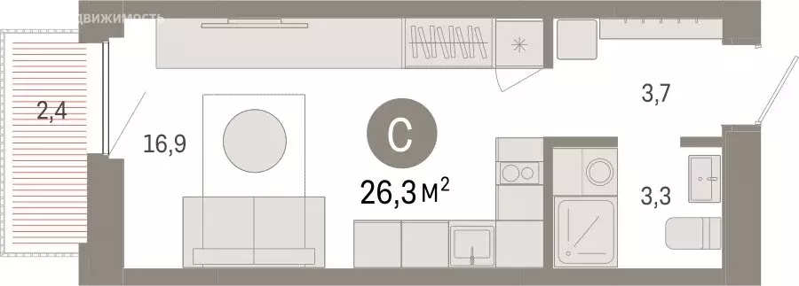 Квартира-студия: Тюмень, Мысовская улица, 26к2 (26.31 м) - Фото 0