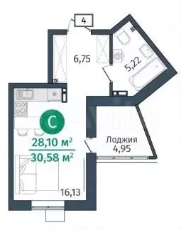 Квартира-студия, 31 м, 4/14 эт. - Фото 1