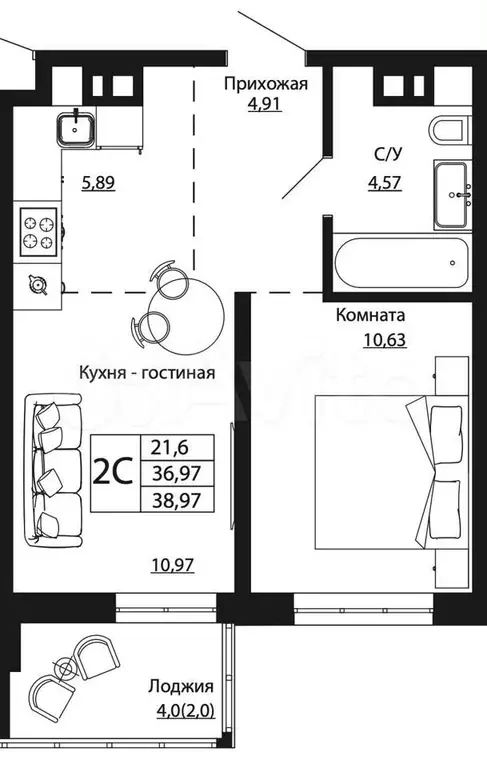 2-к. квартира, 39 м, 4/24 эт. - Фото 1