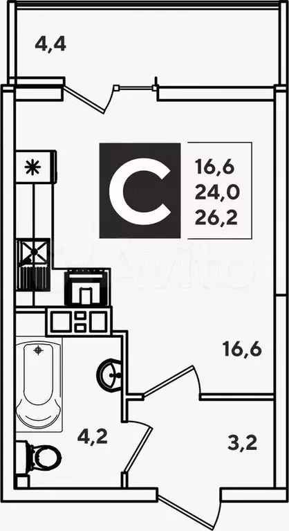 Квартира-студия, 26,2 м, 6/20 эт. - Фото 0