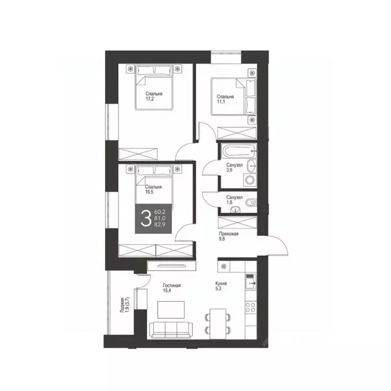 3-к кв. Татарстан, Альметьевск ул. Гафиатуллина, 60 (82.9 м) - Фото 0