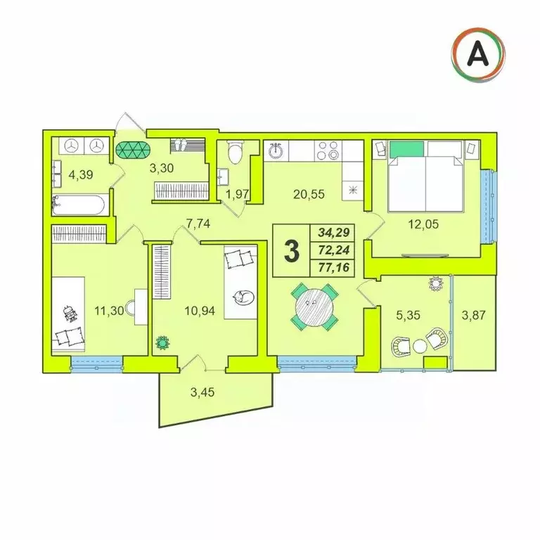 3-к кв. Калужская область, Калуга Зеленый жилой комплекс (77.16 м) - Фото 1