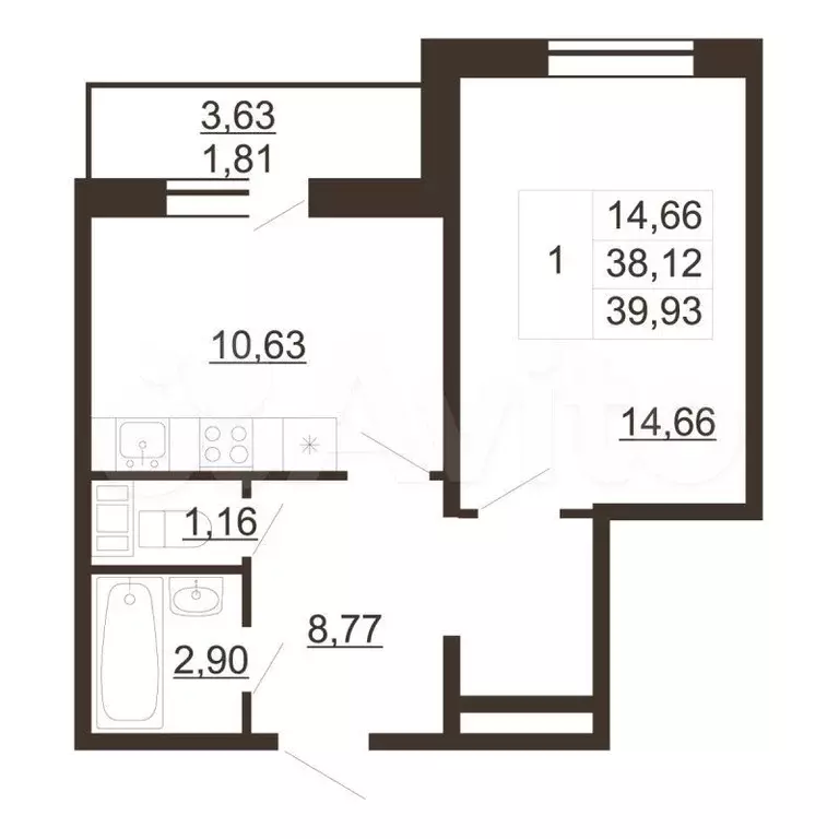 1-к. квартира, 39,9 м, 2/6 эт. - Фото 0