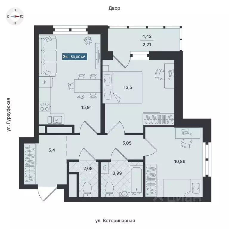 2-к кв. Свердловская область, Екатеринбург ул. Ветеринарная (60.44 м) - Фото 0