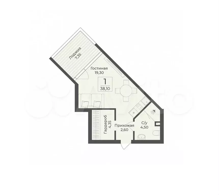 Апартаменты-студия, 38,1 м, 6/12 эт. - Фото 1