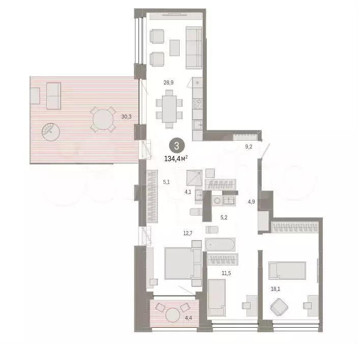 3-к. квартира, 134.4 м, 5/8 эт. - Фото 1