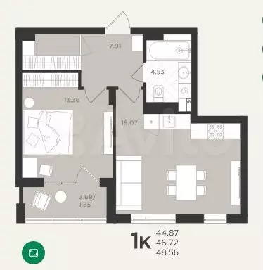 1-к. квартира, 48,6 м, 3/4 эт. - Фото 1