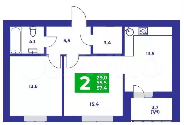 2-к. квартира, 57,4 м, 5/9 эт. - Фото 0