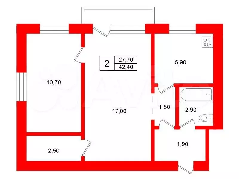2-к. квартира, 42,4 м, 2/4 эт. - Фото 0
