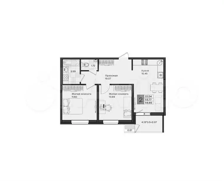 2-к. квартира, 56,7 м, 3/8 эт. - Фото 1