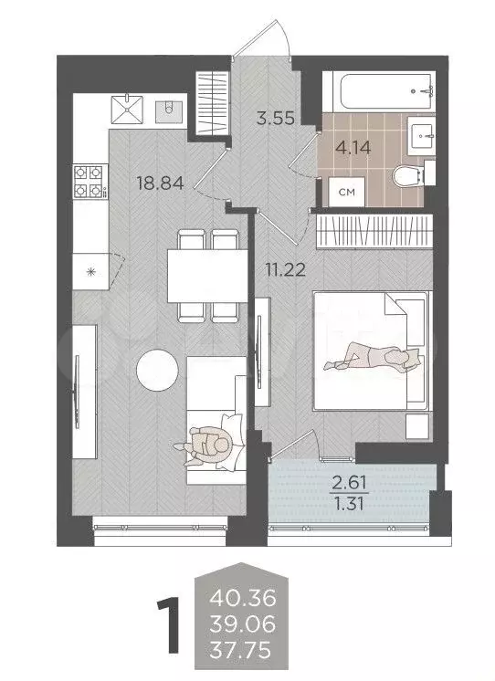1-к. квартира, 40,4 м, 8/9 эт. - Фото 1