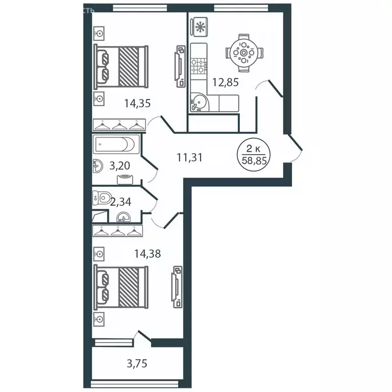 2-комнатная квартира: Тверь, ул. Левитана (58.85 м) - Фото 0