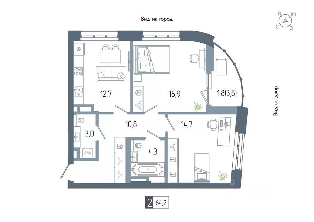 2-к кв. Башкортостан, Уфа Глумилино жилрайон, Аурум жилой комплекс ... - Фото 1