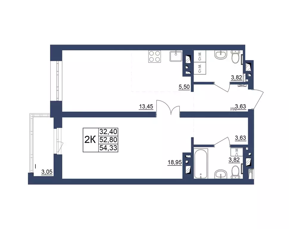 2-к квартира, 54.33 м - Фото 0