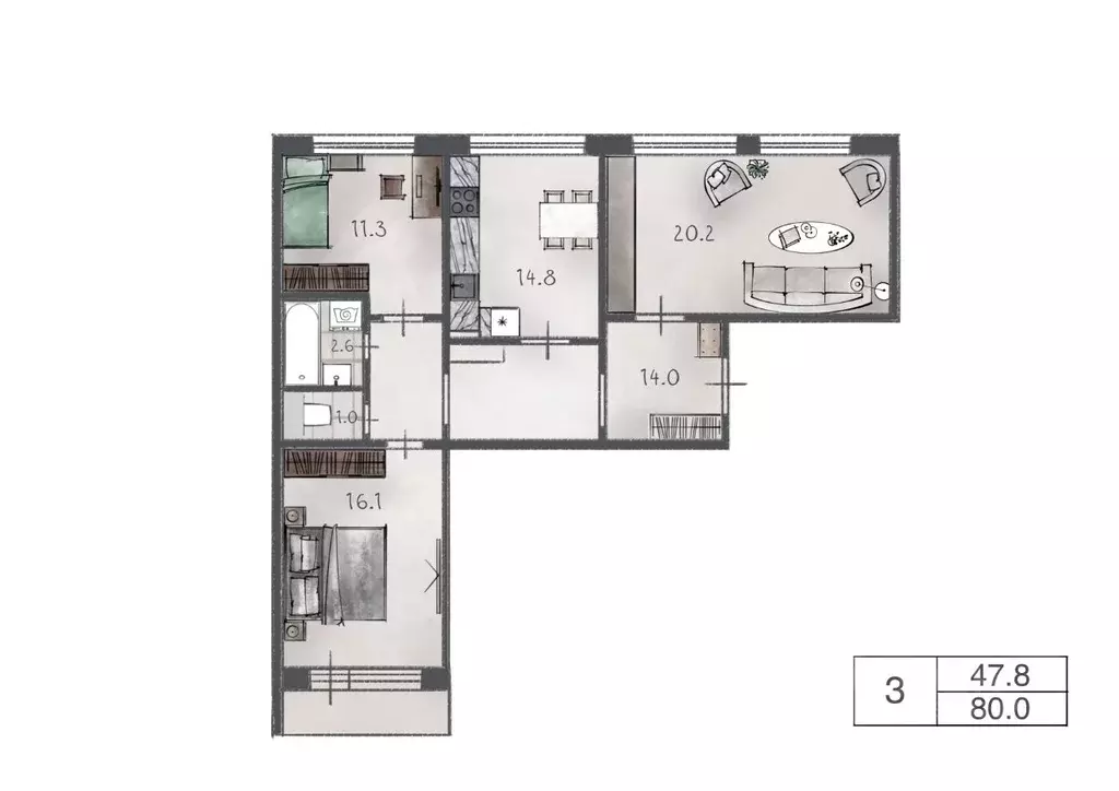 3-к кв. Санкт-Петербург просп. Пятилеток, 19 (80.0 м) - Фото 1