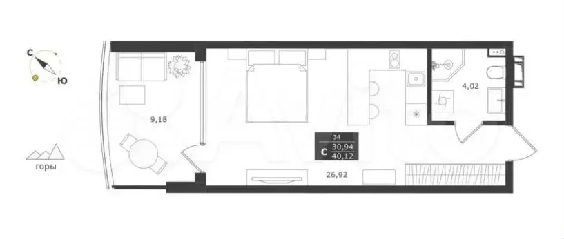 Апартаменты-студия, 40,1 м, 6/11 эт. - Фото 1