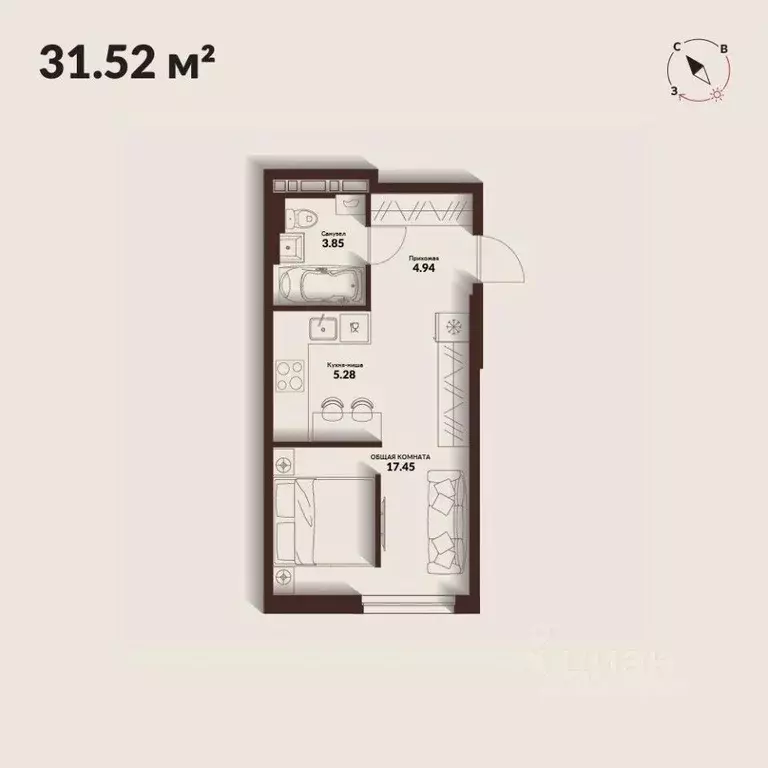 Студия Приморский край, Владивосток Каскада жилой комплекс (31.52 м) - Фото 1