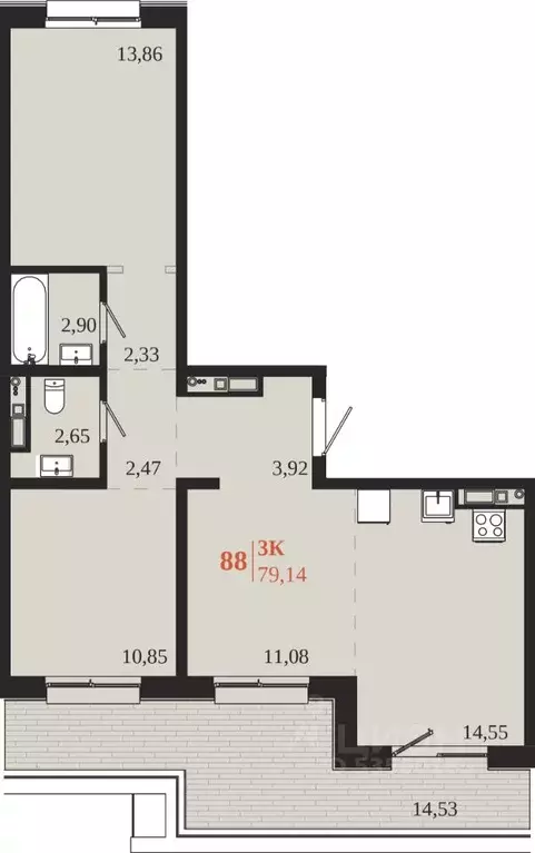 3-к кв. Иркутская область, Иркутск 1661 жилой комплекс (79.14 м) - Фото 1