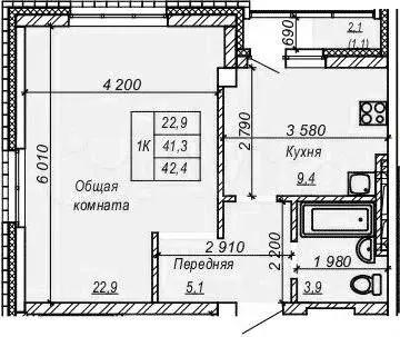 1-к. квартира, 42,4 м, 5/9 эт. - Фото 0