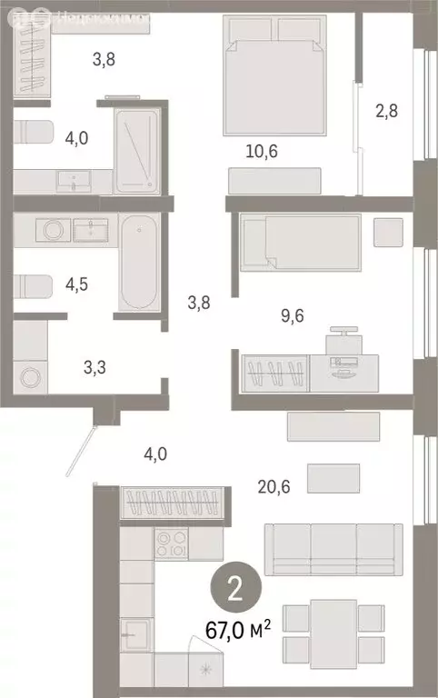 2-комнатная квартира: Новосибирск, Большевистская улица, с49 (66.97 м) - Фото 1