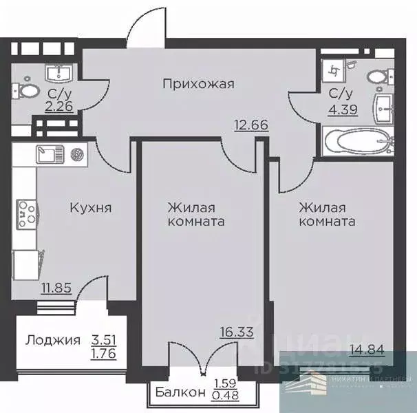 2-к кв. Воронежская область, Воронеж ул. Ломоносова, 116Б (64.6 м) - Фото 0