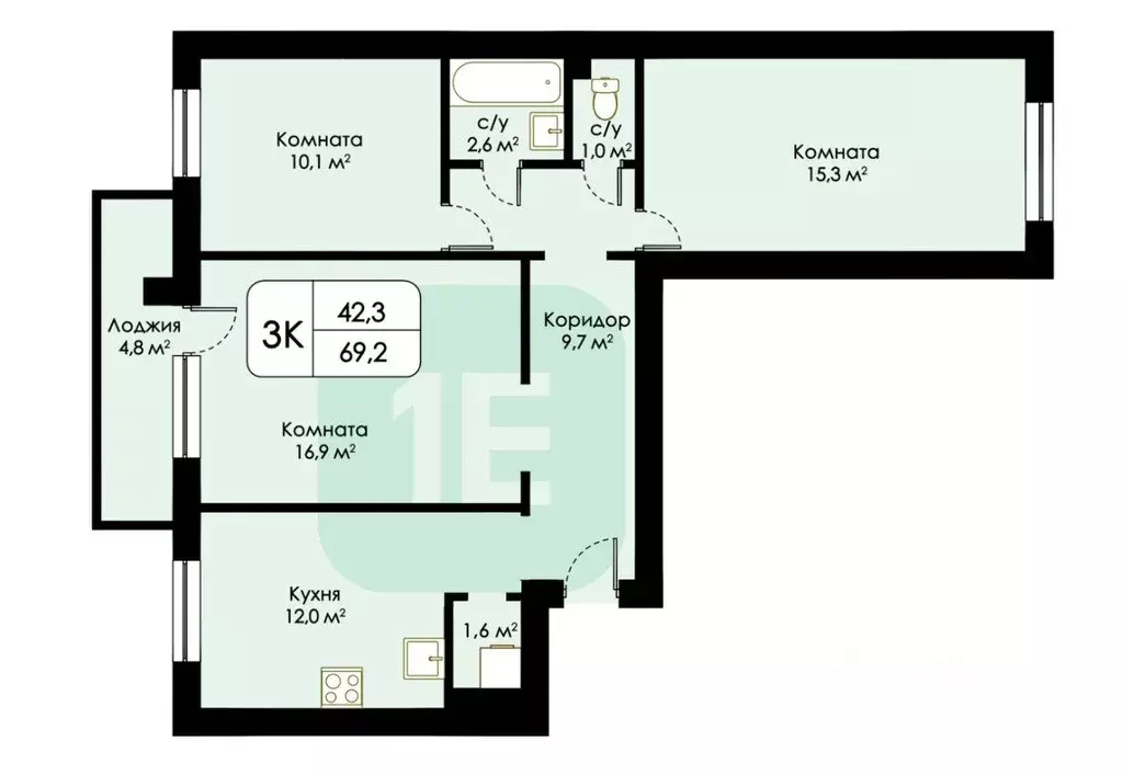 Квартира, 3 комнаты, 69.2 м - Фото 1
